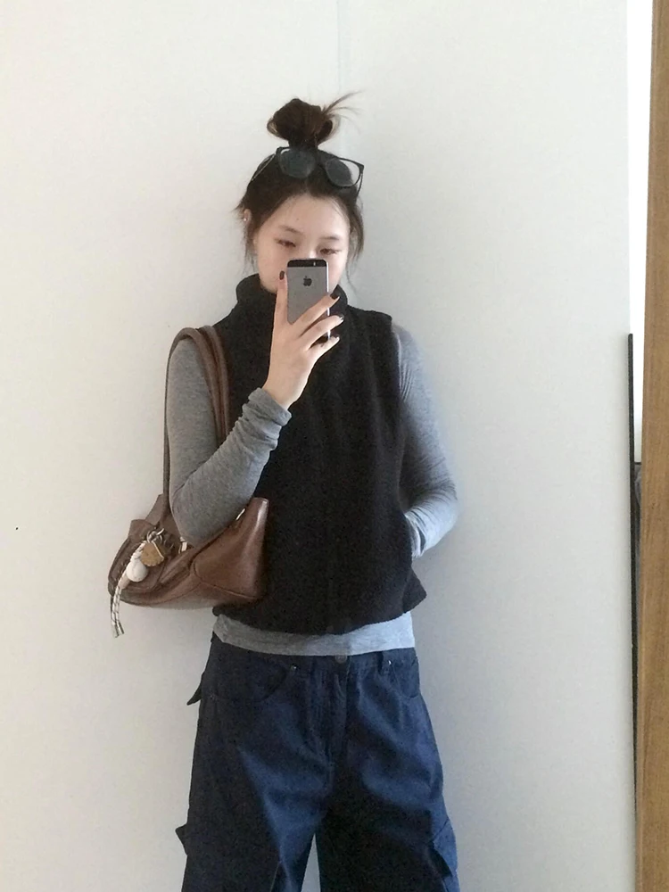 

Корейский модный женский жилет с воротником-стойкой, осенне-зимний, для многослойных образов, стройнящий, открытый кардиган, трендовый топ