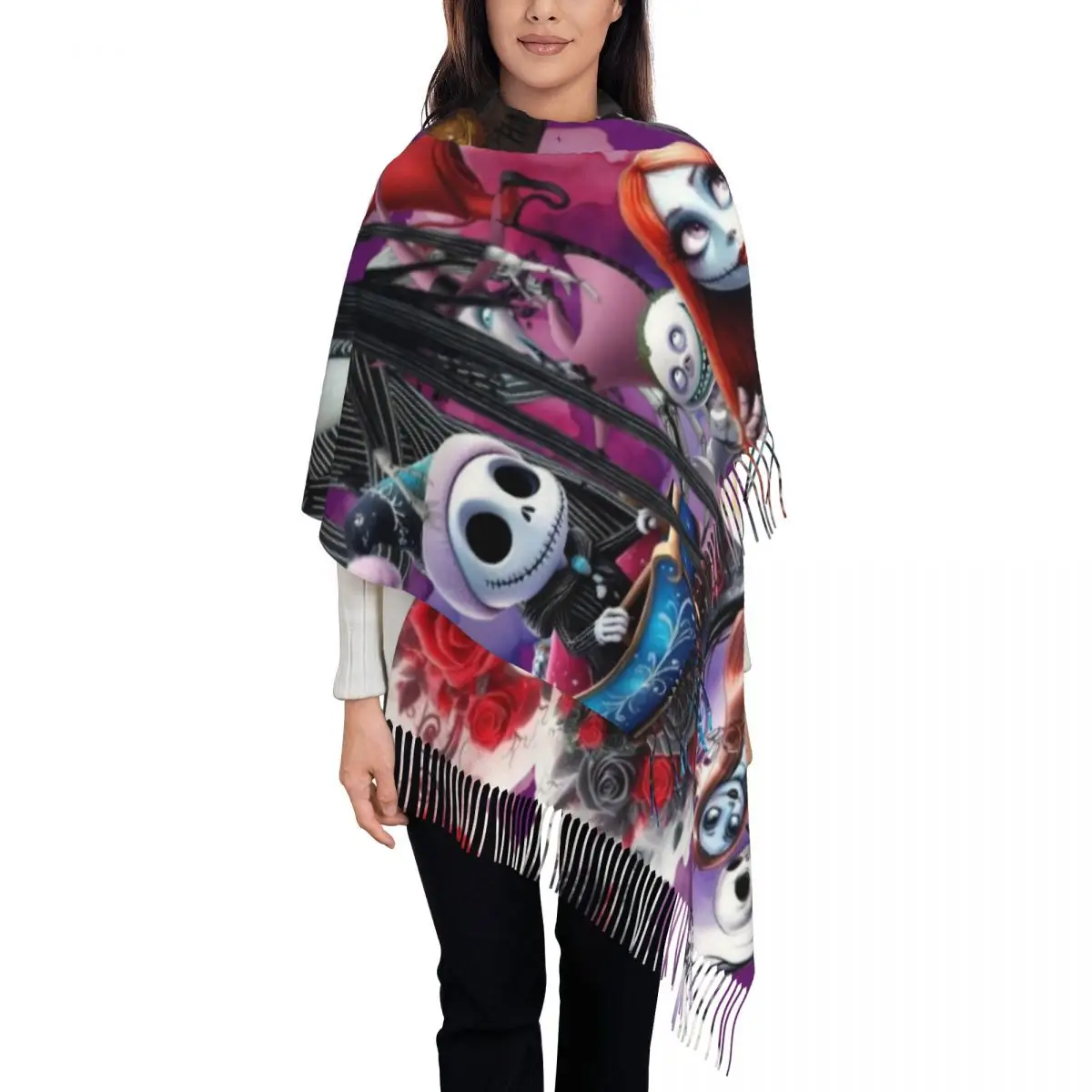 

Custom Fashion Jack Skellington Texture Mapping Tassel Scarf Women Winter Fall Warm Shawls Wraps Female Scarves
