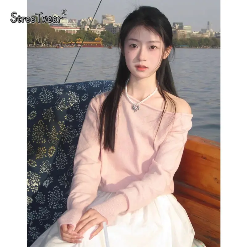 Sli Abnehmen Süße Pure Desire oulder Bared Schräg Kragen Strickwaren frauen Herbst Winter Lange Sve Basis Schicht Top trendy