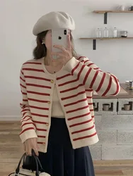 Jmprs Striped Sweet Cardigan Sweater Women Long Sleeve Elegant Knitted Tops Casual Korean O Neck Vintage Fall Lazy Wind Cardigan