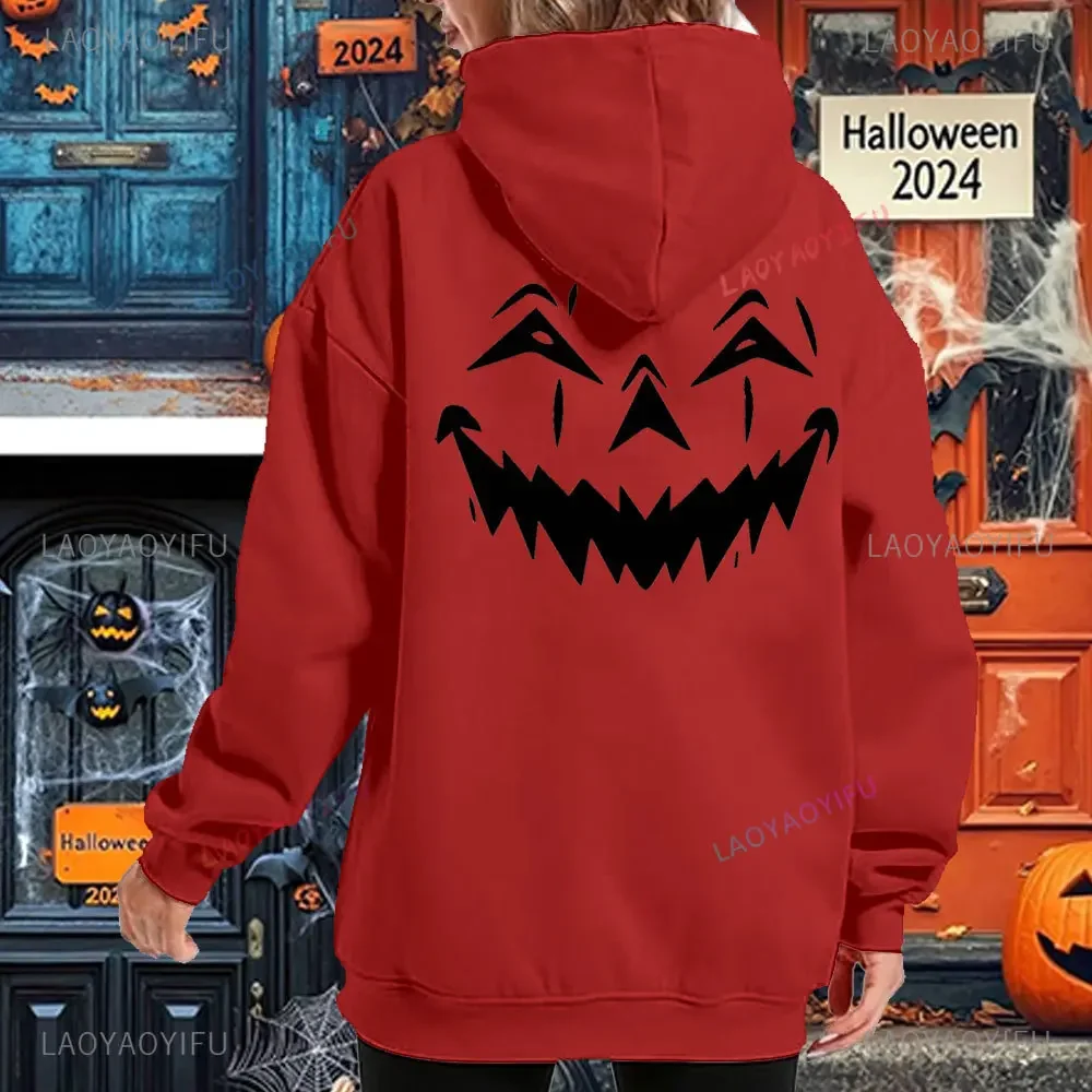 Unisex Pumpkin Face Hoodies Funny Jack O Lantern Halloween Long Sleeves Hoody Retro Halloween Pumpkin Doublesided Printed Hoodie