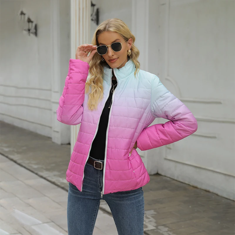 Women Elegant Long Sleeve Gradient Streetwear Thick Jackets New Fashion Winter Zipper Jacket Casual Slim Warm Padded Coats 2023