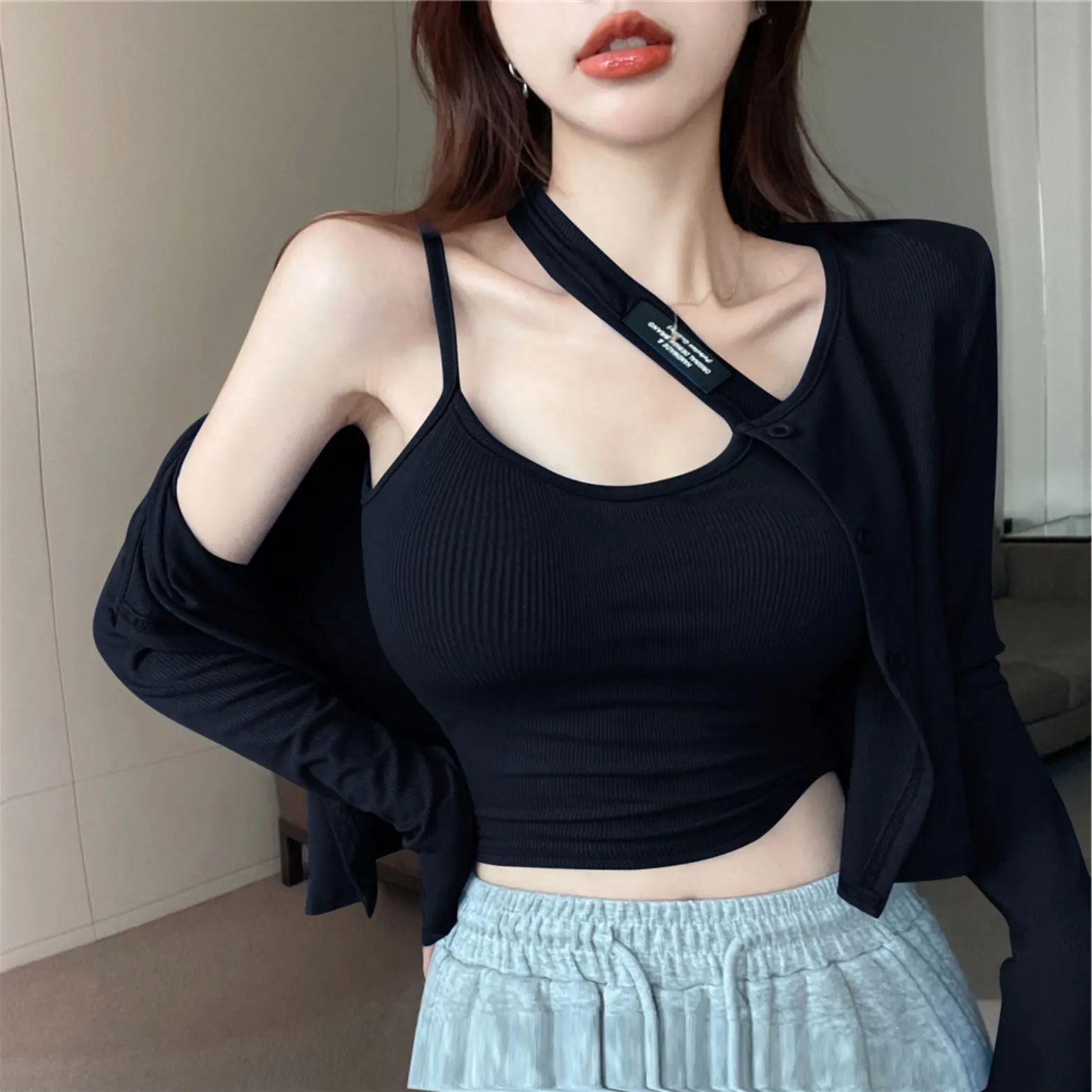 

Отно открытый кардиган Jaet, женский летний новый комплект Spicy Girl Sle, милый крутой жилет с подвесными ремешками, уличный комплект из двух предметов