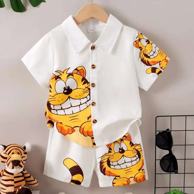 Children\'s Clothing Boy\'s Lapel Cartoon Cute Kitten Pattern Button Top+Shorts Set Suitable for Handsome Boy Casual Wear Aged 1-6