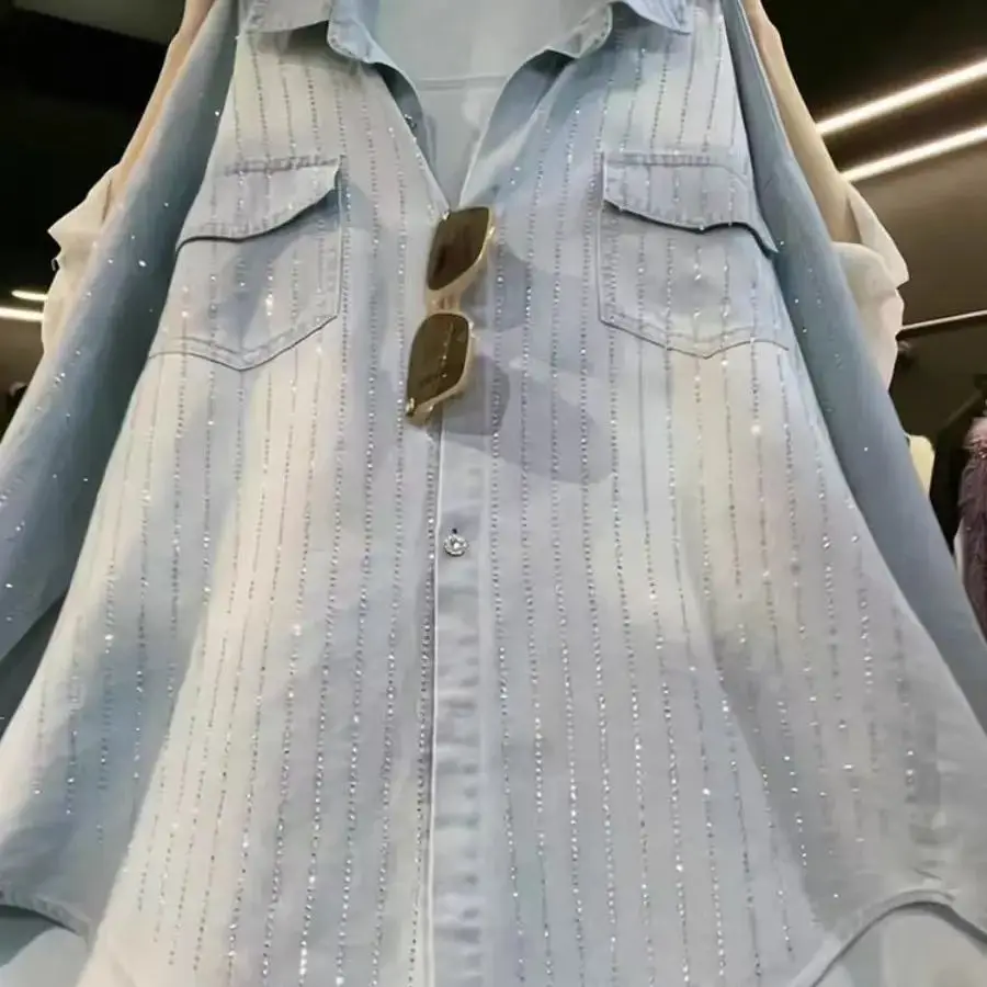 الفاخرة نمط Blingbling الترتر جيب الدنيم سترة بلايز للنساء المتضخم موضة الربيع قمصان جينز البلوزات #6