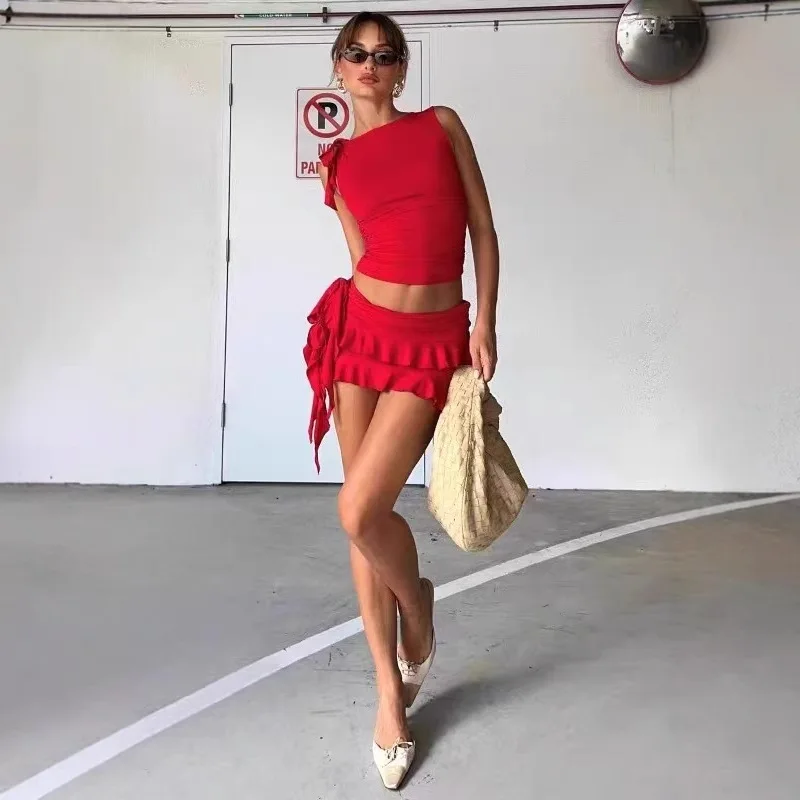 

Жилет с цветочным принтом Lioness Spice Girl, юбка с заниженной талией, бахрома с рюшами, круглый вырез, утягивающий топ без рукавов и короткая юбка