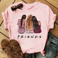Summer Good Friends Cartoon Print Casual Loose Crew Neck Top T-shirt Women Short Sleeves Graphic T Shirts