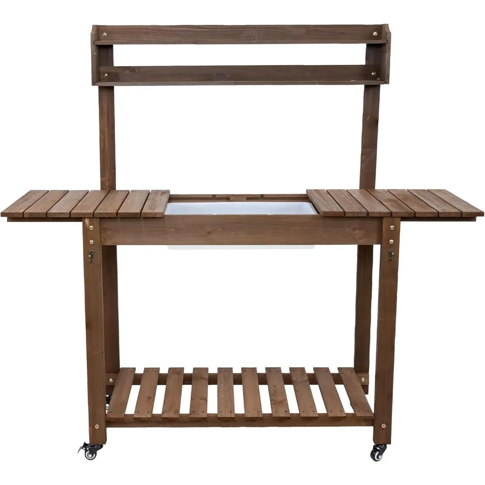

Wheeled Garden Potting Bench with Sink - Outdoor Potting Table - Garden Table with Planting Station and Hooks - Brown
