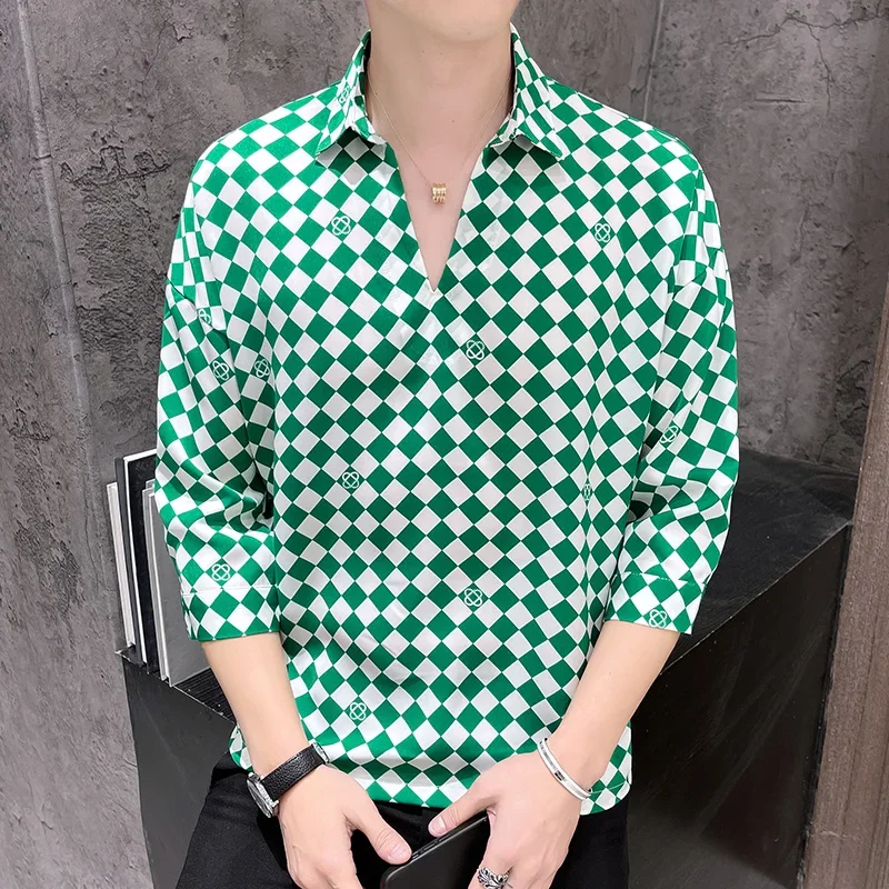 

England Style Fashion V-neck Loose Print Shirt Men Men's Casual Luxury Summer Three Quarter Sleeve Social Shirt Designer Clothes