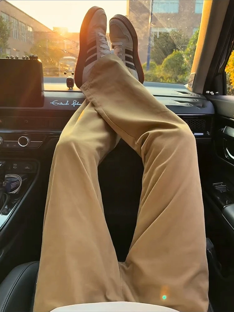 

Retro Khaki Men's Workwear Pants American Light Sle Straight Leg Wide Leg Trousers Cleanfit Tapered Pants High Waist Zipper...