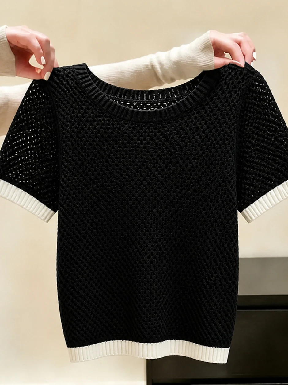 

Korean Style Commute Knitted Short Sleeve round Neck Hollow out Slimming Top Color Block Fashion Summer Minimalist Shirt