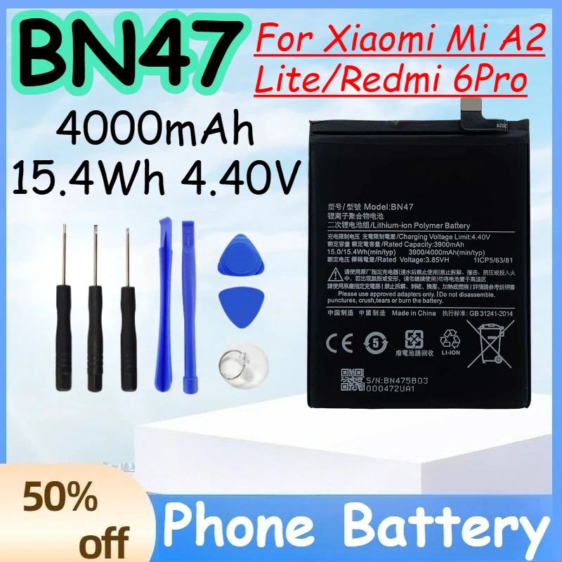 

BN47 4000mAh 15.4Wh 4.40V Battery for Xiaomi Mi A2 Lite/Redmi 6Pro Replace Mobile Phone Battery +Free Tools