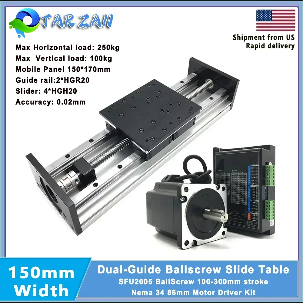 

CNC Heavy Load 250KG Double Guide Ballscrew Slide Table 150mm Wide Linear Stage Motion Module 4pcs HGH20 For Nema23/Nema34 Motor