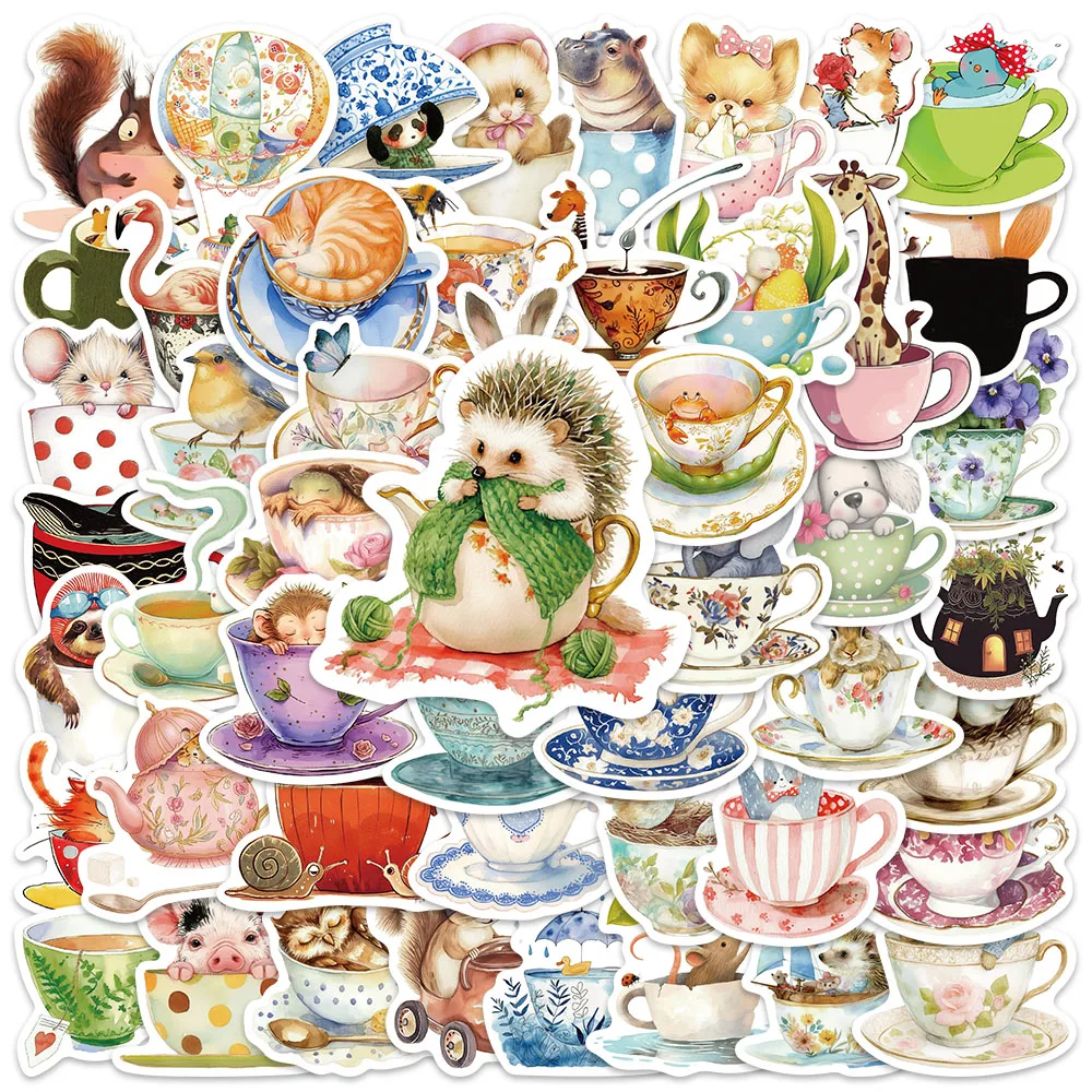 50pcs Cute Cartoon Aesthetic Teacup Animals Stickers Kis Water Bottle Decals Luggage Guitar Phone Laptop Vinyl Sticker