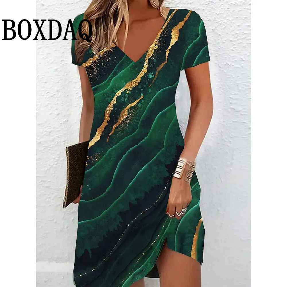 Elegant Women's Midi Dresses 2025 New Summer Fashion V-Neck 3D Printed Dress Casual Tie Dye Gradient Loose A-Line Dress Vestidos