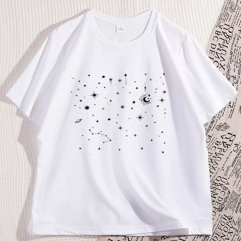 Celestial Stars T-Shirt Moon Constellation Graphic Tee Adult Cotton Short Sleeve Round Neck Shirt Printed Casual for Man Woman