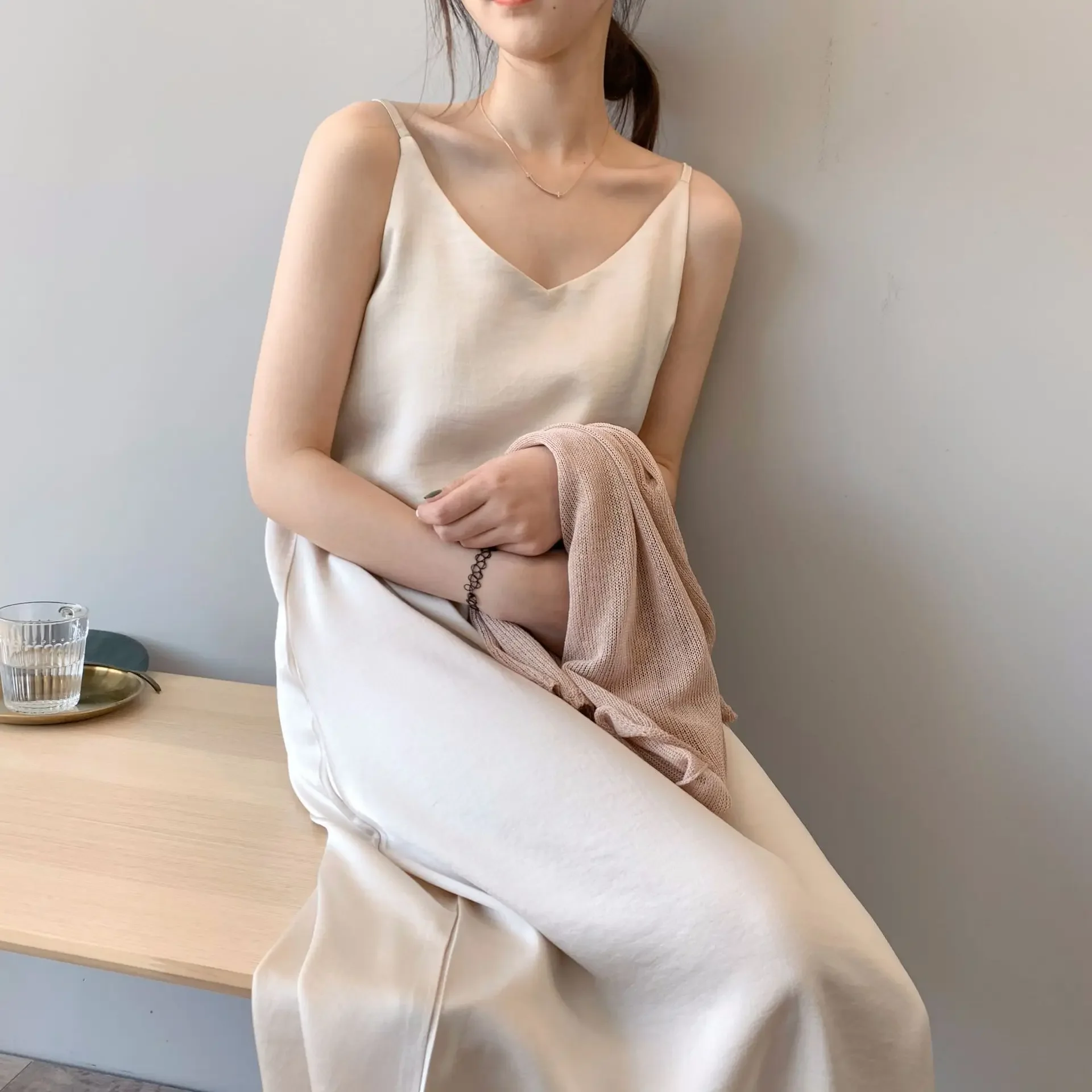 

Spring Summer 2025 New Woman Tank Dress Casual Satin Sexy Camisole Elastic Female Home Beach Dresses V-neck Camis Sexy Dress