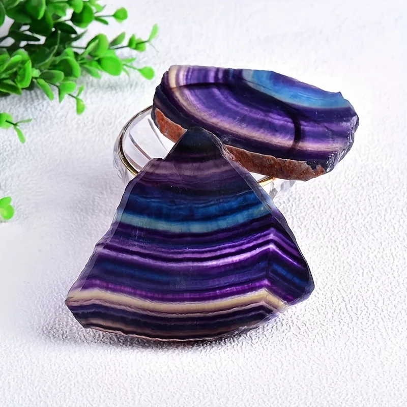 1PC Natural Fluorite Crystal Ornament & Stand - Bohemian Style, Hand-Polished Rainbow Fluorite Slice,Decorative Stones