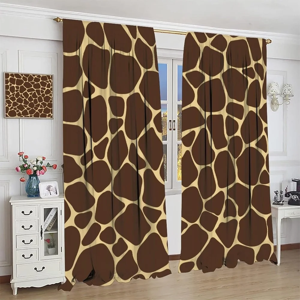 2 Panels Giraffe Blackout Curtains - Tropical Wildlife Brown & Tan Giraffe Print Light Filtering Window Drapes, 100% Polyester P