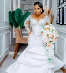 Long Sleeves African Wedding Dresses Mermaid V-neck Appliques Beaded Women Bridal Wedding Gowns For Black Girls