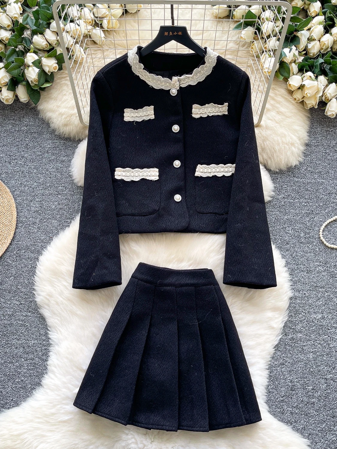 우아한 레이스 트림 긴팔 수트 재킷 하이웨이스트 플리츠 미니 스커트 가을 겨울 투피스 세트 프렌치 스타일 패션 앙상블