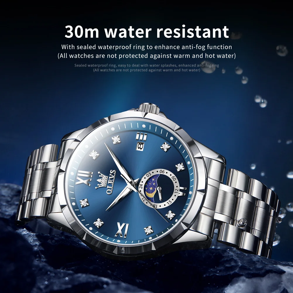 OLEVS 2956 Men Luxury Quartz Watch Fashion Original Large Moon Phase Dial Automatic Date Calendar Window Waterproof Men Watch