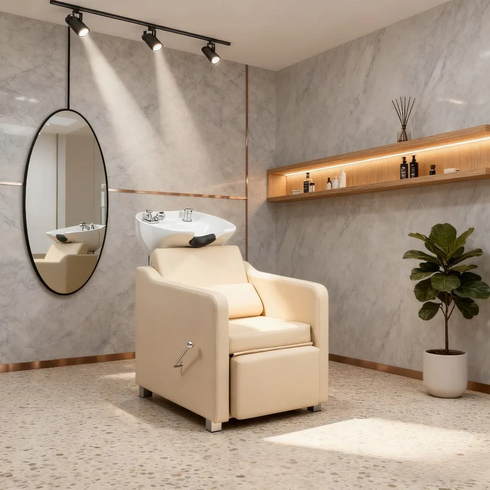 Shampoo Backwash Barber Chair – Ceramic Hair Wash Bowl Sink, Adjustable Leg Baffle & Reclining Feature for Salon​