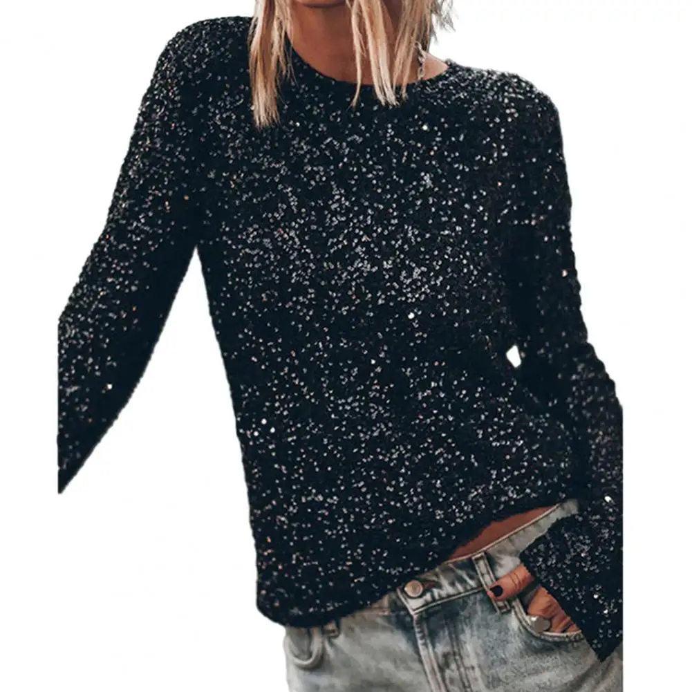 Women Top Round Neck Hollow Out Back Backless Shiny Sequin Blouse Long Sleeve Soft Pullover Party Club Performance Lady T-shirt