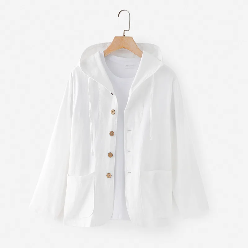 Men's Casual Linen Hooded Shirt Loose Breathable Spring Summer New Style Comfortable Long Sleeve Pure Color Open Cardigan