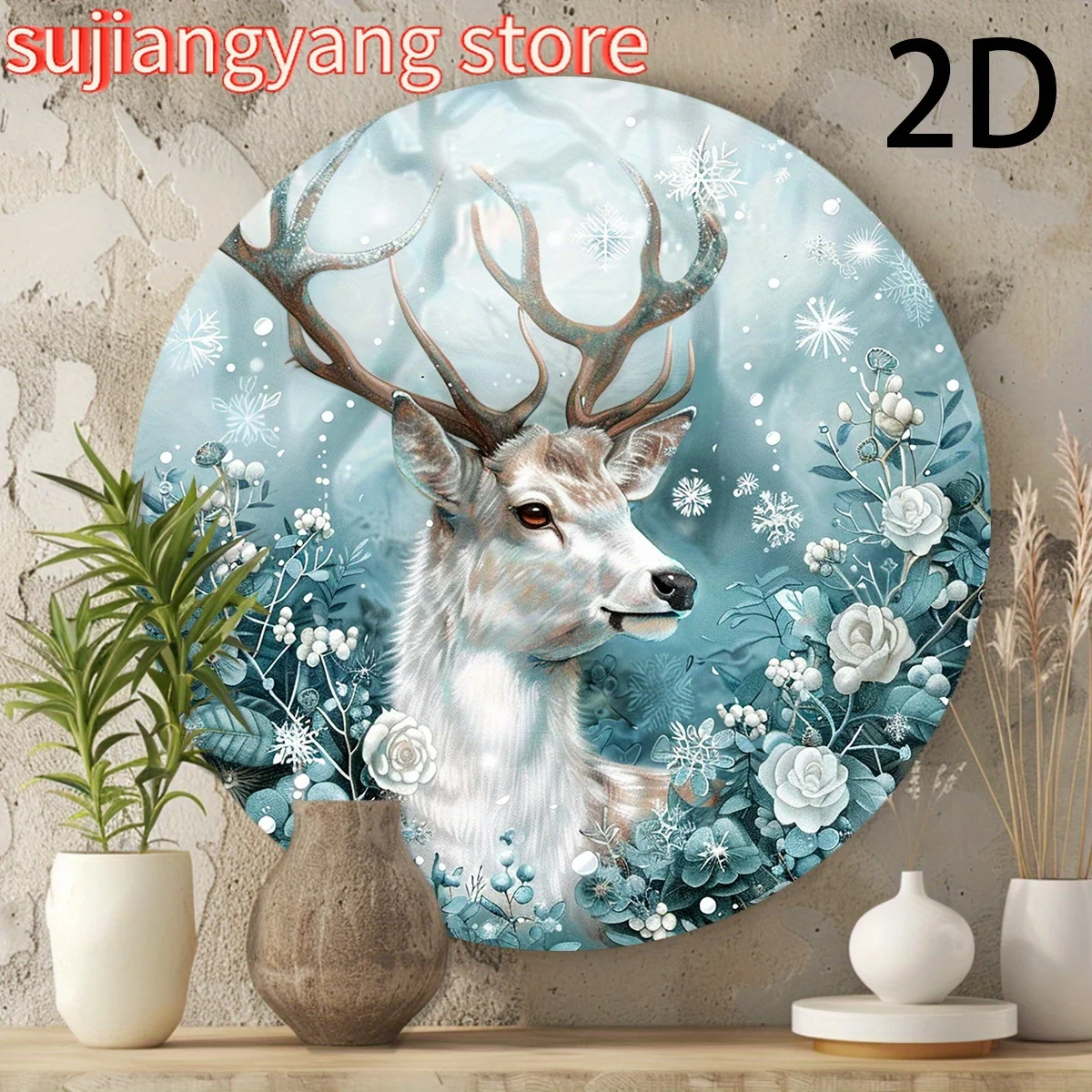 Vintage-Weihnachtshirsch, 20,3 x 20,3 cm, rundes Aluminium-Metallschild – langlebige Wanddekoration für Zuhause, Garten, Wohnzimmer mit vorgebohrtem Ho