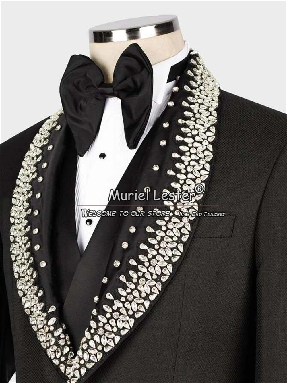 Luxury Men Suits Metal Embellished Beads Peak Lapel Groom Wedding Tuxedos 3 Pieces Sets Male Prom Blazer Slim Fit Costume Homme