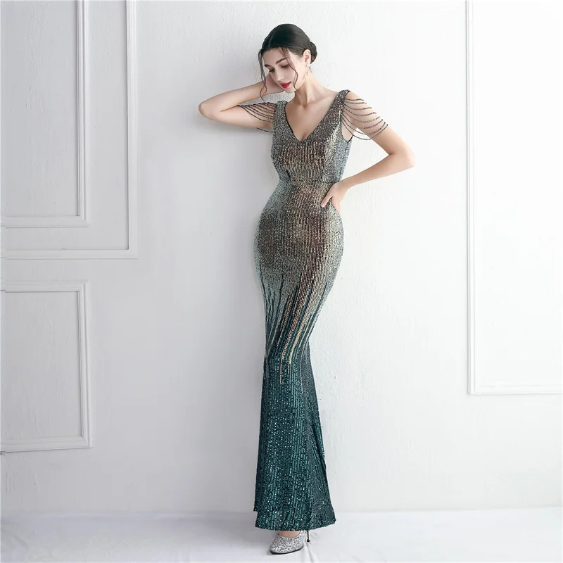 Mixed color bead technology bead party dress long banquet slimming evening dress temperament elegant long