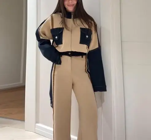 

Осенняя женская модная джинсовая куртка в стиле ретро с контрастными сращиваниями, свободная куртка на молнии и комплект прямых брюк с высокой талией