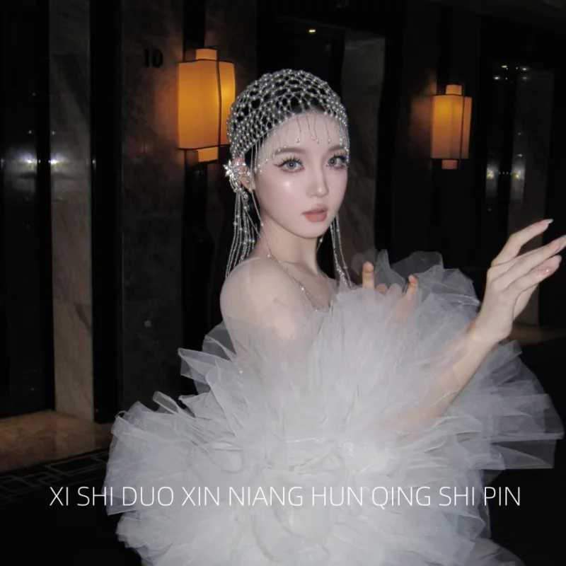 요정 아름다움 진주 드리워진 모자 디자인 감각 장 럭셔리 모조 진주 무대 패션쇼 파티 패션 신부 머리 장식 체인 소녀