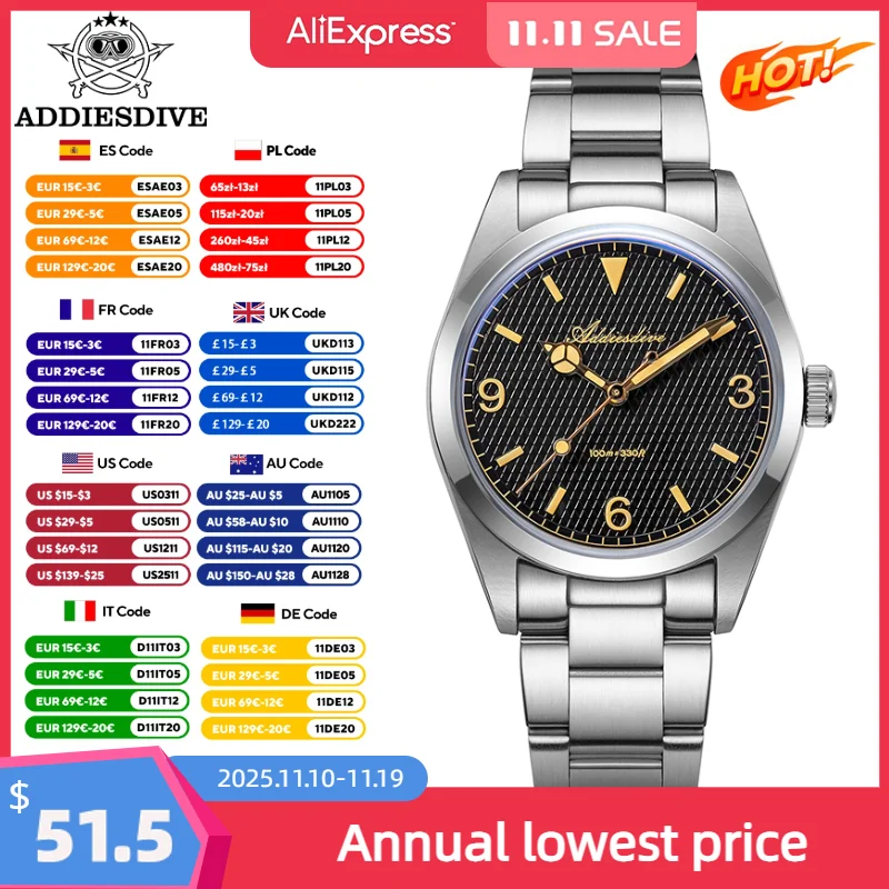 ADDIESDIVE 36mm Herrenuhr Blase Spiegelglas Vintage Mode Quarzuhren Edelstahl Wasserdicht AD2096 Luxusuhr