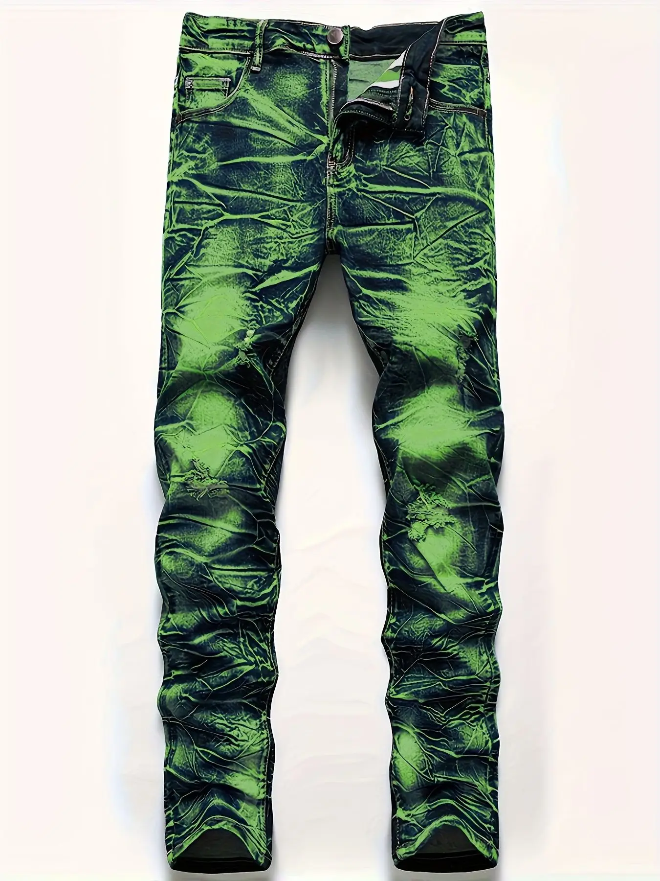 Men's Stretch Tight Jeans Tie Dye Lightning Stripe Slim Fit Straight Leg HighQuality Y2K High Street Style Pants
