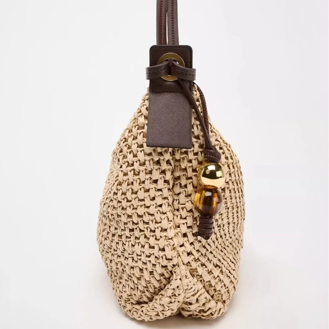 Casual Hobos Straw Bag Designer Woven Women Shoulder Bags Vintage Bead Deco Handbags Handmade Summer Beach Bag Small Tote Purses