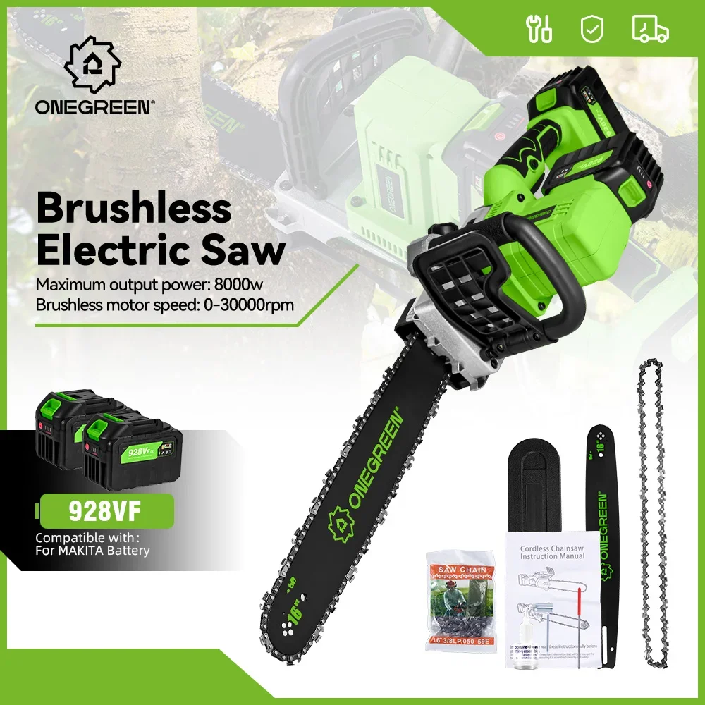 ONEGREEN 16Inch Brushless Electric Chainsaw 8000W Cordless Battery Pruning Saw Woodworking Power Tools For Makita 18V Battery