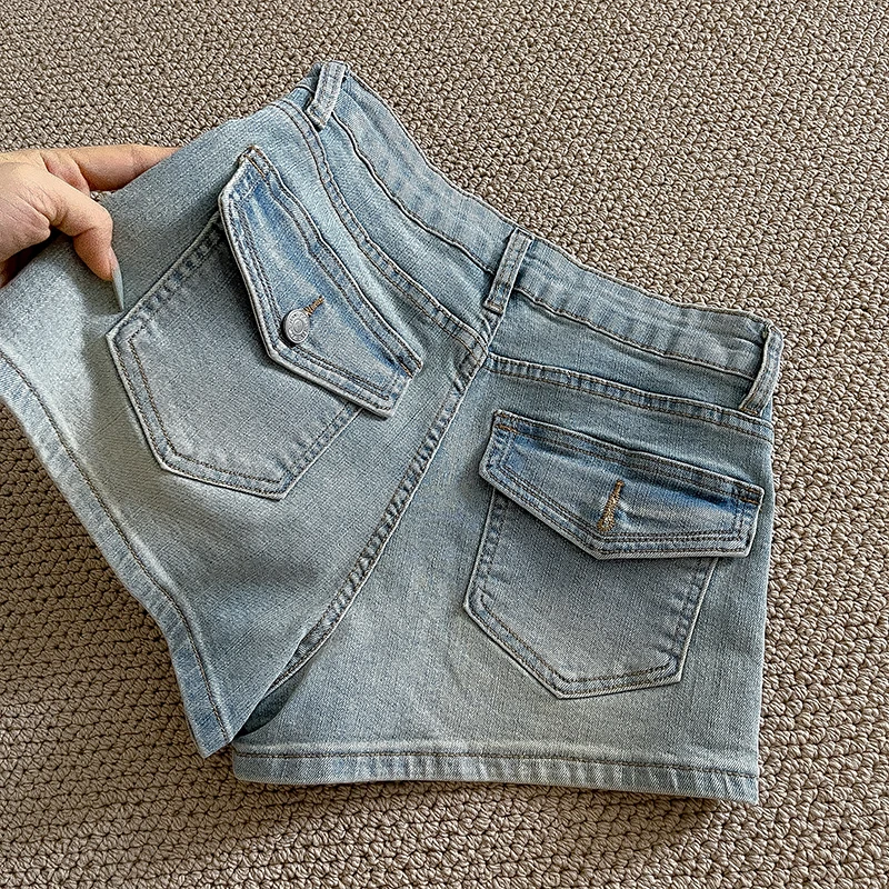 Pantalones cortos vaqueros de cintura alta para mujer, pantalones cortos vaqueros azules con bolsillos traseros Retro de Color sólido, ropa de calle informal de verano, pantalones cortos picantes