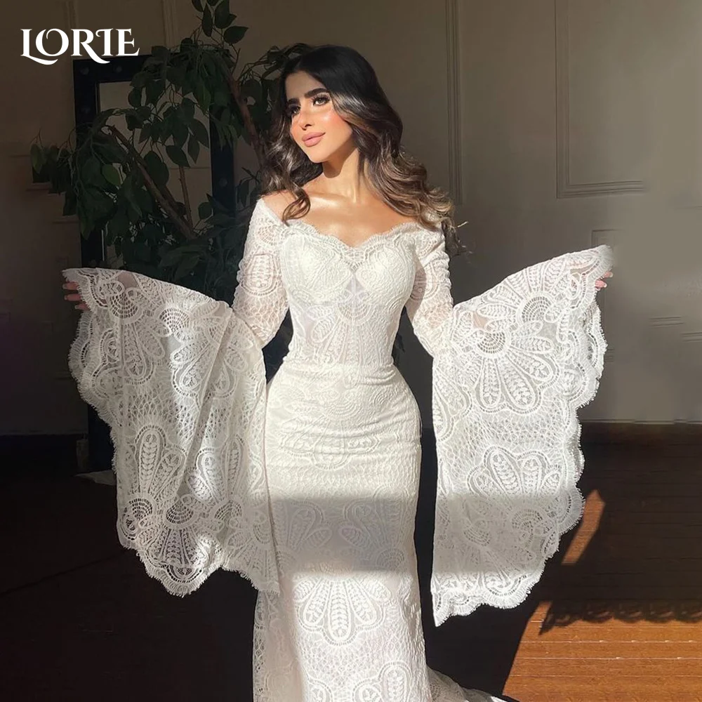 LORIE A-Linie Brautkleid mit ausgestellten Ärmeln, Stehkragen, Spitzenapplikationen, Brautkleid, maßgeschneidertes rückenfreies Brautkleid, Saudi-Kleid Dubai