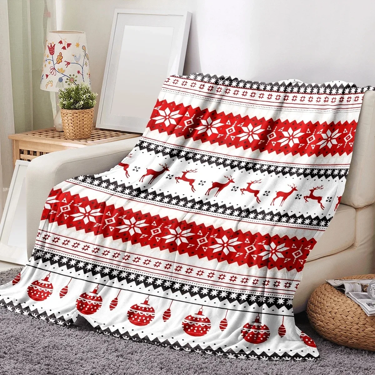 Christmas Reindeer Snowflake Pattern Throw Blanket All Season Home Accent Living Room Xmas Party Decor Vibe Housewarming Gift