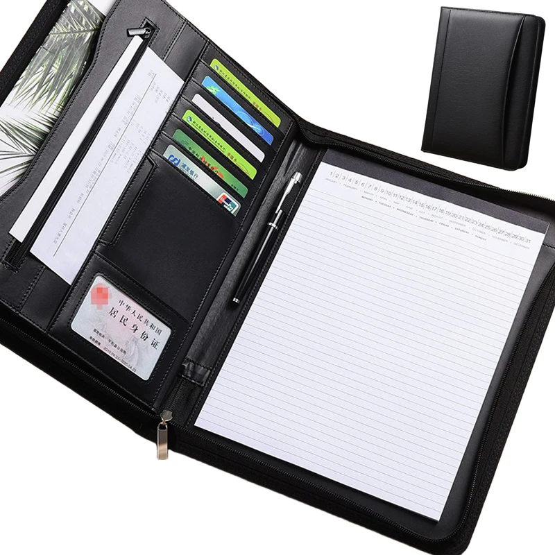 

Black A4 Leather Multifunctional Conference Portfolio Folder Zippered Document Organizer Executive Briefcase for Office Use