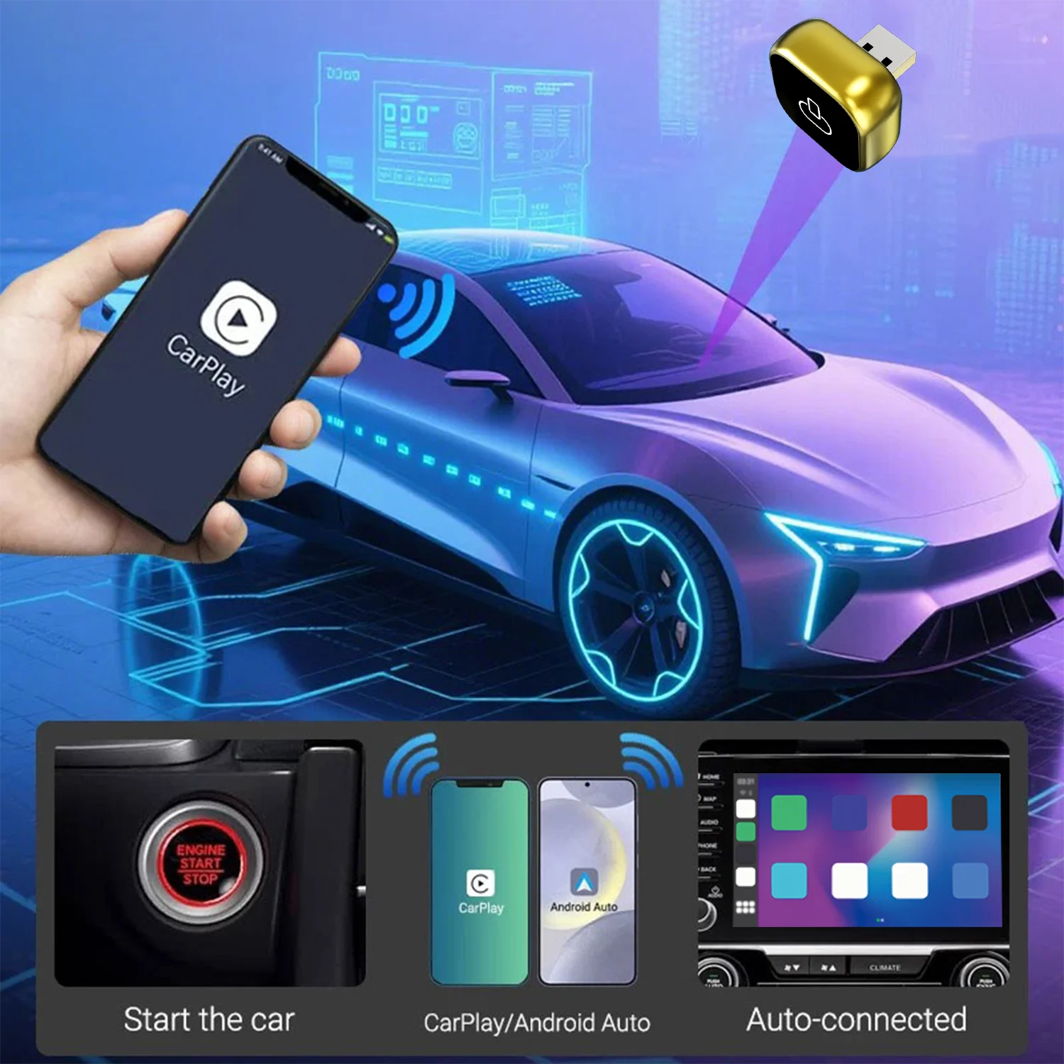 Adaptateur Carplay sans fil 2 en 1, convertit fil vers Carplay sans fil et Android Auto AI Smart Box pour voitures Carplay filaires 98%