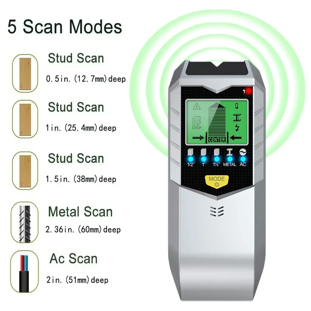 Detector de parede eletrônico 5 em 1, multifuncional, portátil, detector de metais, localizador de madeira, instrumento de medição eletrônico