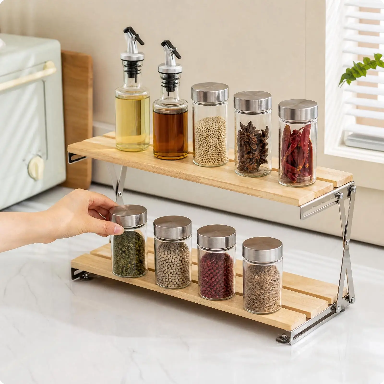 Countertop Kitchen Storage Rack Two Level Wood Shelf Metal Folding Stand for Condiment Jars Cookware Dish Organizer