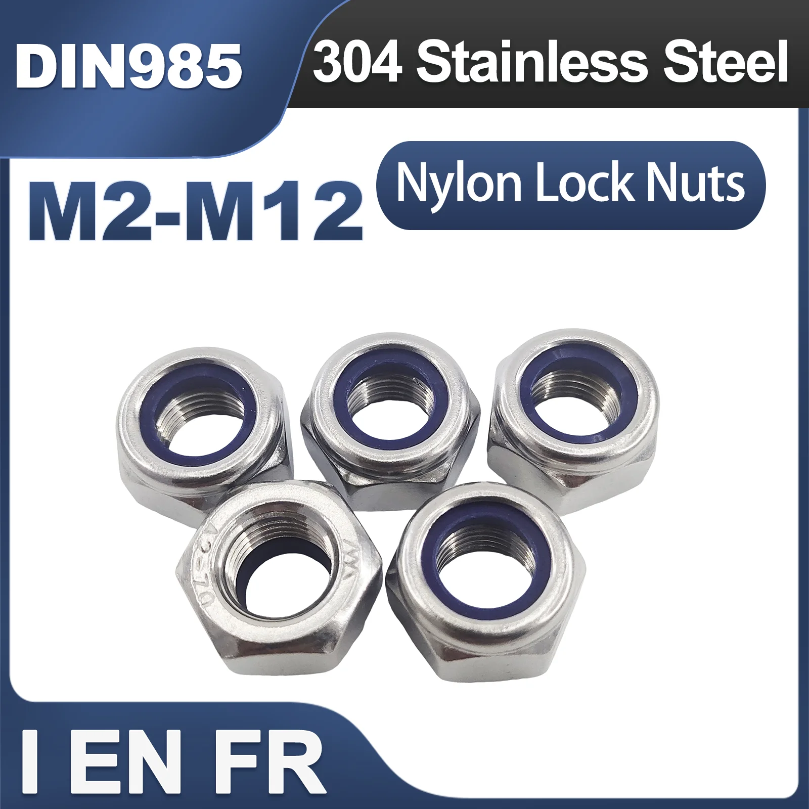 1/ 5/ 10/ 20pcs M2 M2.5 M3 M4 M5 M6 M8 M10 M12 M14 M16 M18 M20 M22 304 Stainless Steel Nylon Self-lock Hex Nuts Locknut DIN985