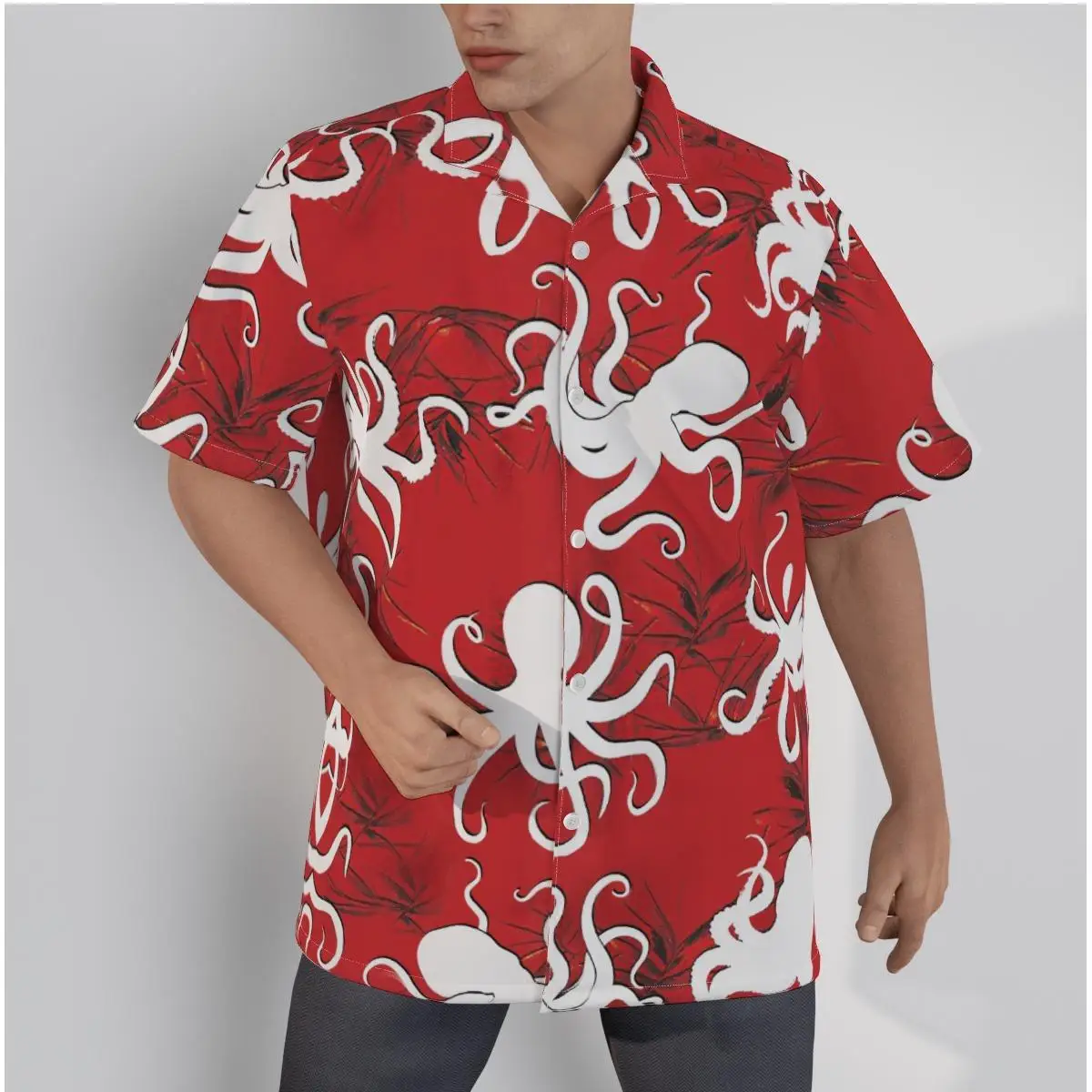 

Men's Hawaiian Red Shirt Creative Octopus Print Beach Short Sleeve Summer Casual Button Up Patchwork Tops 3D Shirts