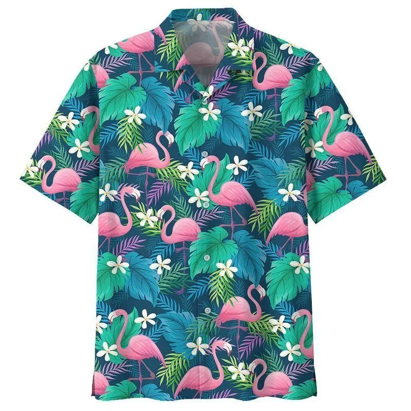 Chemises Hawaïennes à Motif d'Oiseaux et Flamants Roses pour Homme, Streetwear à Manches Courtes, Chemisier à lèvent, à Revers, Imprimé en 3D