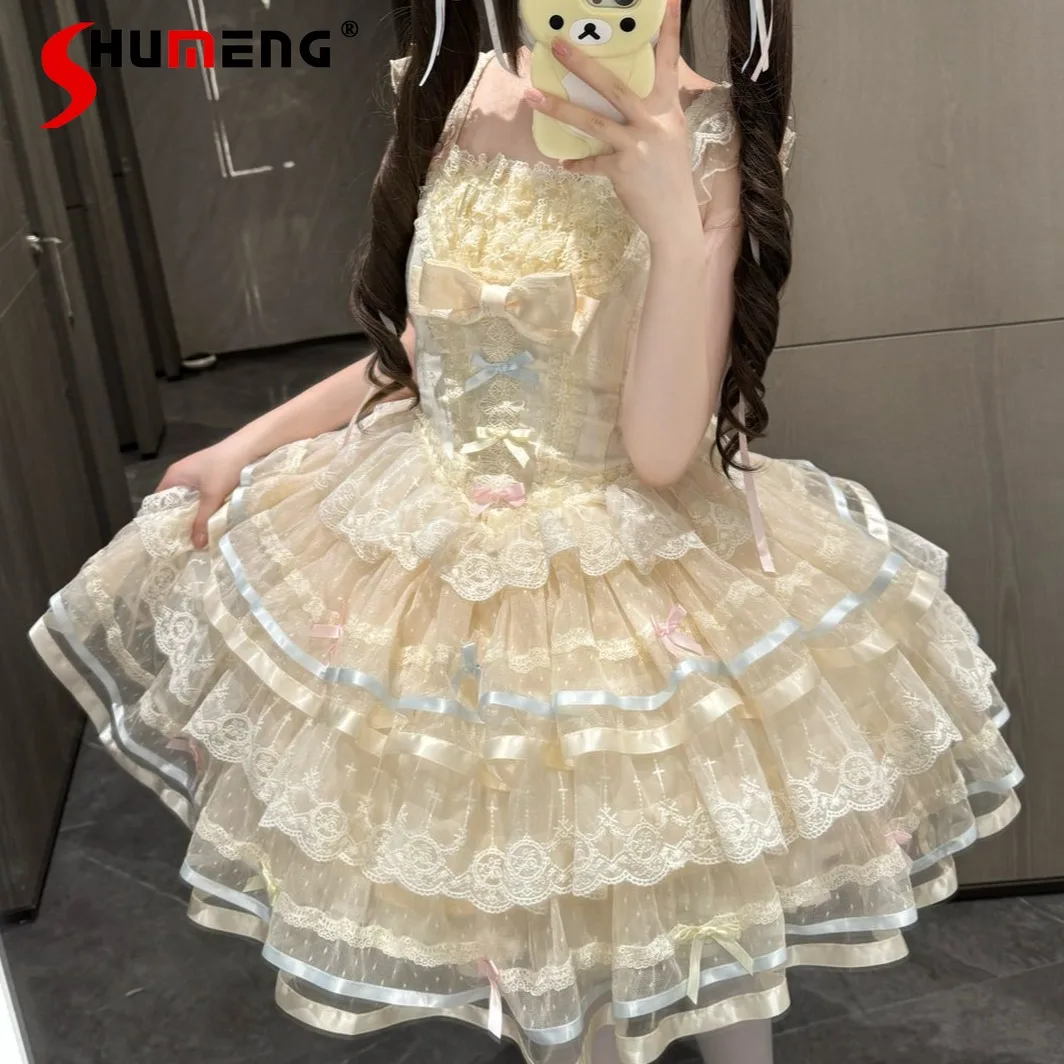 

Sweet Princess Style Suspender Dress Jsk New Japanese Girls Cute Bow Lace Lolita Style Mini Dress Loli Lo Daily Birthday Dresses