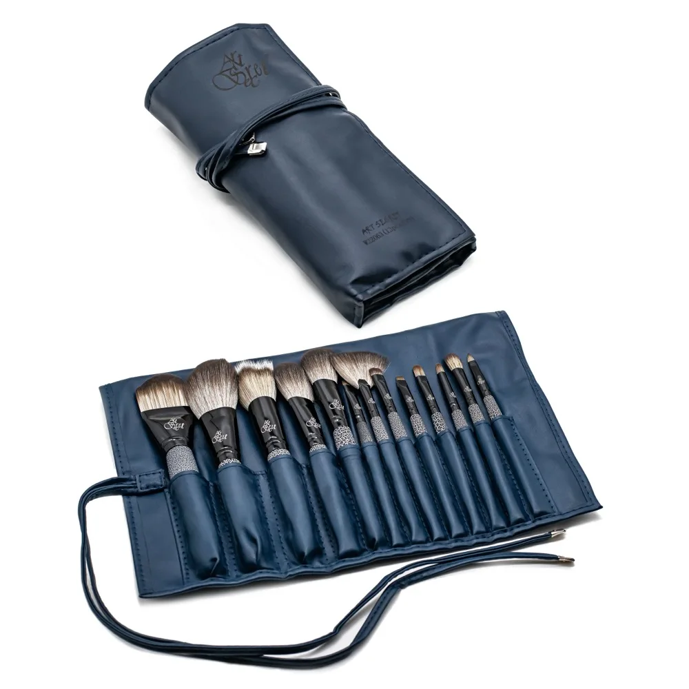 Conjunto de pincéis de maquiagem profissional, 13 peças, com bolsa de couro pu, cabelo natural-sintético, sombra, corretivo, base, pó